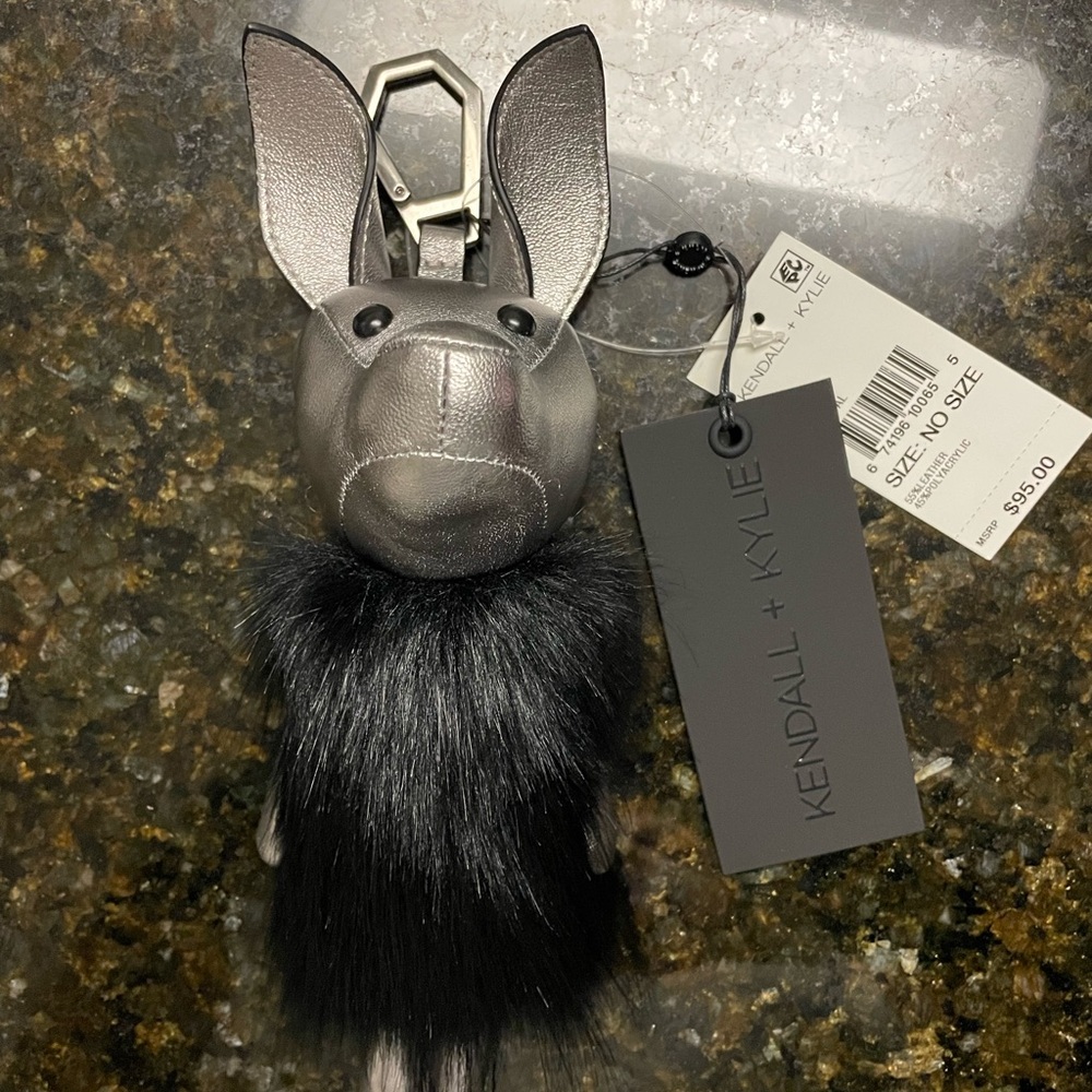 Kendall+Kylie bag charm Leather, Faux Fur, Norman Gunmetal, New with Tags